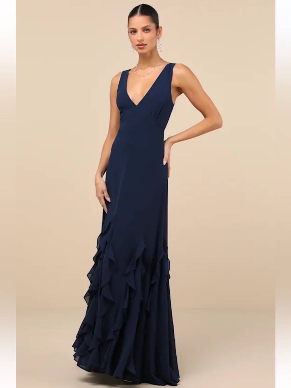 NWT Lulus Alorna Dark Navy Sleeveless Ruffled Maxi Dress